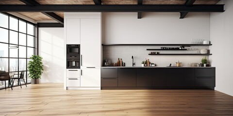 Mock up of a a loft kitchen with white walls, wooden floor, and black countertops featuring...