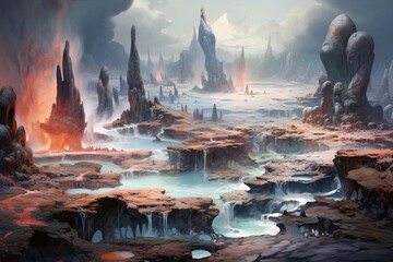 An otherworldly landscape of geysers and steam vents, surrounded by alien-like rock formations