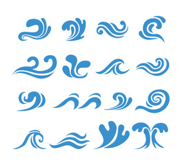 Blue Waves Icon Set Collection. Liquid Ocean, aqua sea waves shape, flowing splashing water, tide and ocean beach, waves tide splash hand drawn surfing storm wavy water, vector illustration - obrazy, fototapety, plakaty
