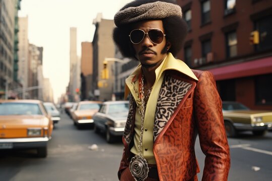 Fashionable black man in 1970s on city street