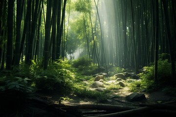 A hidden bamboo forest with sunlight filtering through the dense canopy, creating a play of light...