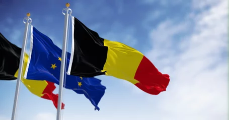 Fotobehang Belgium national flags and the European union flags waving in the wind © rarrarorro