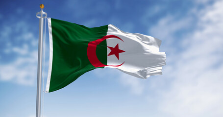 Close-up of Algeria national flag waving on a clear day