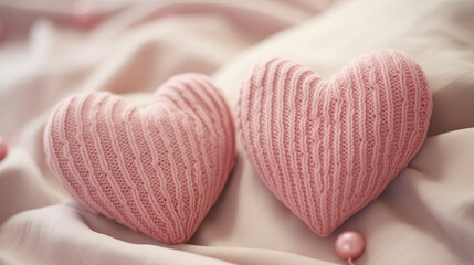 Allure of love with two intricately knitted pink hearts gracefully nestled side by side on a plush blanket, creating a delightful and charming scene