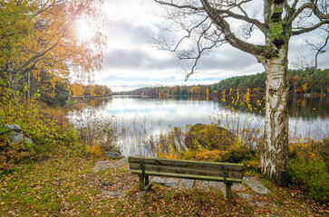 Idyllic Swedish lake landscape in the late autumn season