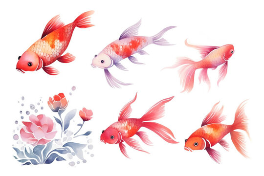 Set of watercolor paintings Koi fish on white background. 