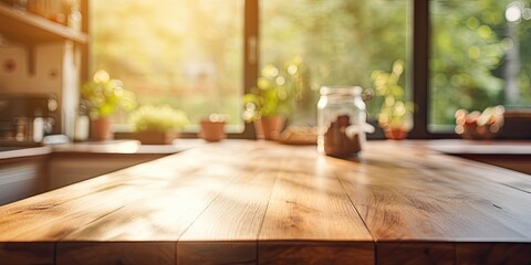 Morning light illuminates a wooden table in a sunny kitchen during breakfast. - Powered by Adobe