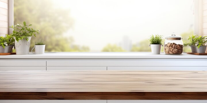 Clean and bright kitchen background with a beautiful empty wooden table top, perfect for product montages.