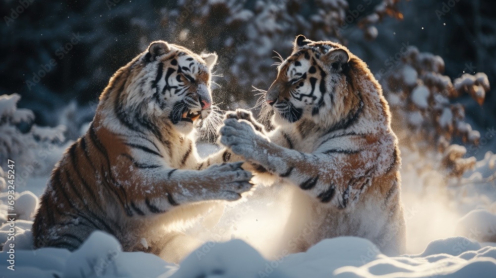 Wall mural close-up portrait of two amu tigers in snow forest fighting and roaring