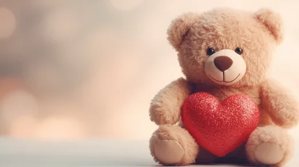 Fotobehang Embrace the warmth of love with a charming teddy bear, tenderly clutching a vibrant red heart, making it an ideal gift for a romantic Valentine's Day gesture © Laura
