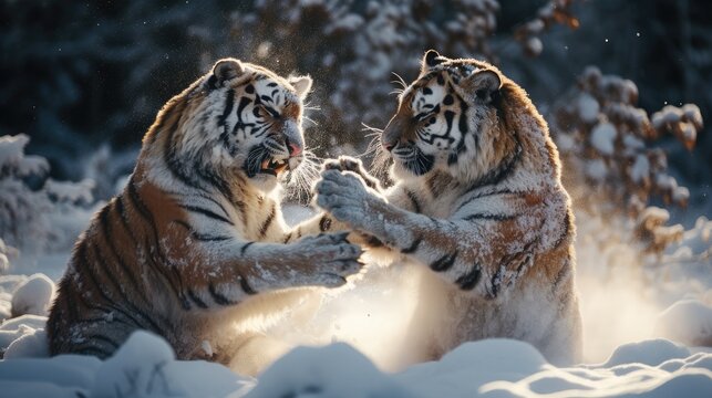 close-up portrait of two amu tigers in snow forest fighting and roaring