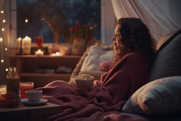 Cozy TV Time: Young Woman Snacking in a Warm Home Scene