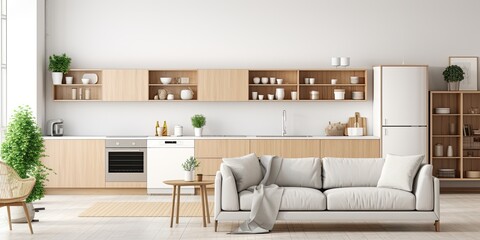 Minimalist Scandinavian-style kitchen or living room with modern appliances, wooden furnishings, and a white color scheme.
