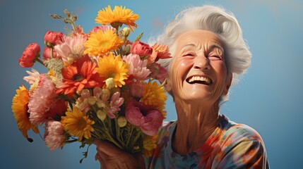 portrait of elderly woman senior happy granny holding bouquet of colourful flowers - Powered by Adobe