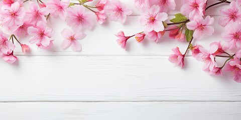 Pink flowers on white wooden background during spring. Top view with copy space.