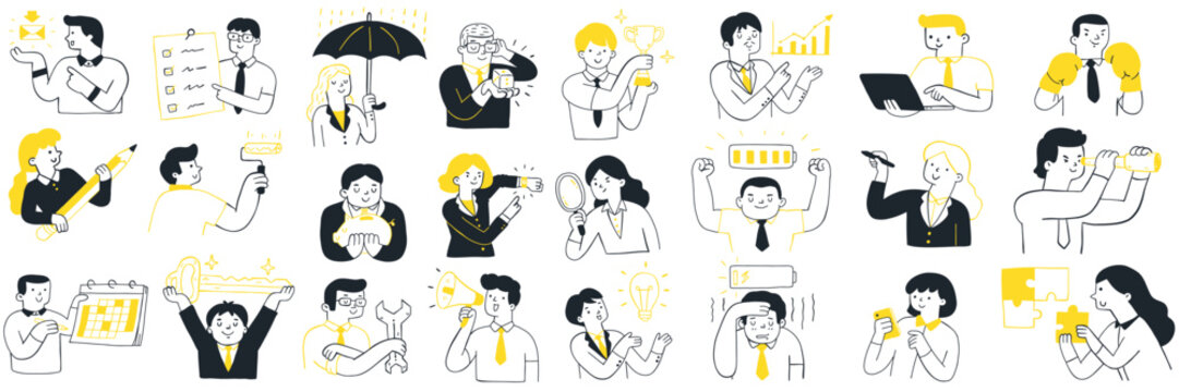 Cute character illustration of businesspeople with various objects and business concept. Outline, linear, thin line art, hand drawn sketch design, simple style.  