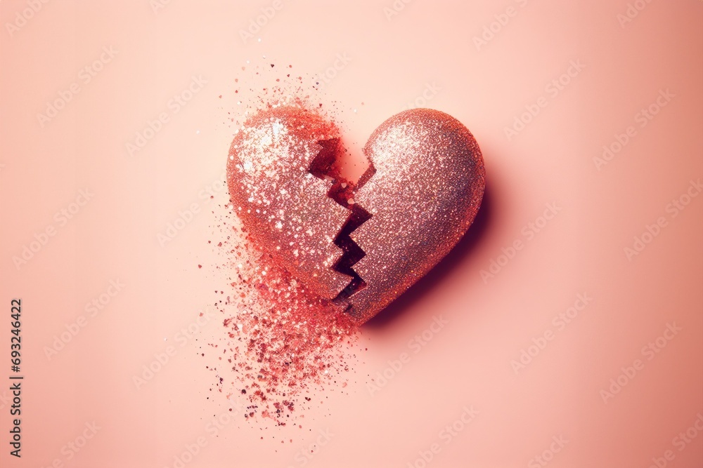 Poster broken heart made of glitter. background with selective focus and copy space