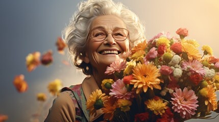 portrait of elderly woman senior happy granny holding bouquet of colourful flowers