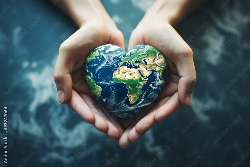 Poster planet earth in the shape of a heart with selective focus and copy space