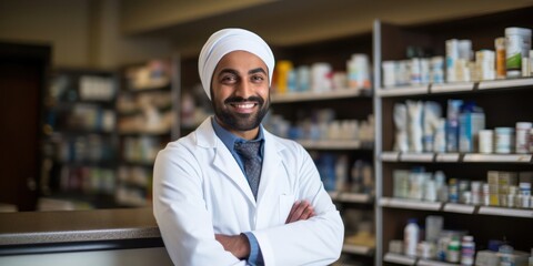 Fototapeta premium East Indian Man Pharmacist Employee Profession Handsome Backdrop Generative AI