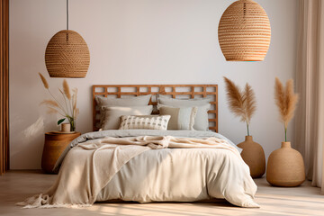 Inviting bedroom setting: Plush upholstered headboard, textured linens, and a warm touch of nature with a rattan pendant light for a stylish and cozy ambiance.