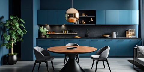 Open kitchen and dining area in blue with round table, within a dark home interior.