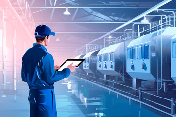 Food industry concept banner: Factory worker inspecting dairy production line tanker with a computer tablet in hand, ensuring quality and efficiency.