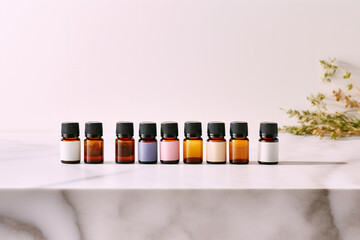 Top view: Essential oils artfully arranged on a white stone table, perfect for promoting aromatherapy and natural remedies.





 - obrazy, fototapety, plakaty