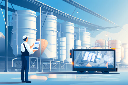 Food industry concept banner: Factory worker inspecting dairy production line tanker with a computer tablet in hand, ensuring quality and efficiency.