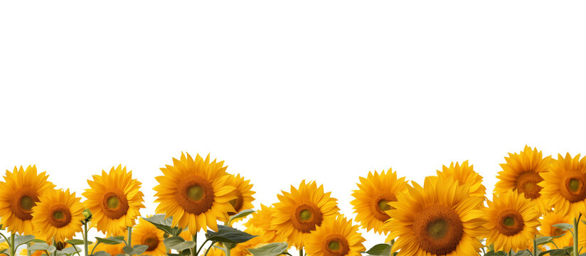 Field of blooming sunflowers on a transparent background. Generative Ai