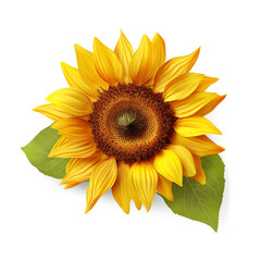 Ripe sunflower with yellow petals and green leaf isolated on transparent background.