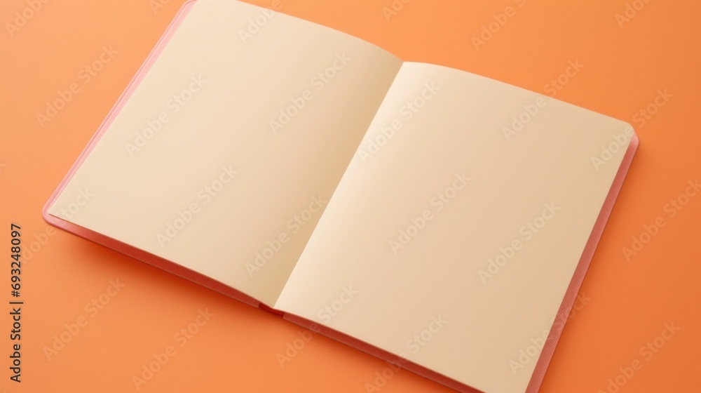Poster Closeup of a Peach Fuzz colored notebook, open to a blank page ready to be filled with minimalistic doodles and notes.
