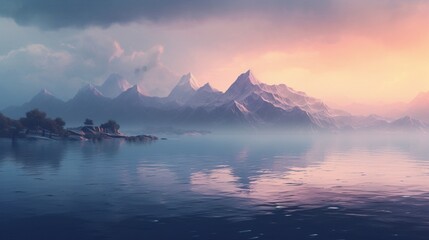 A misty mountain range at dawn, with layers of mountains fading into the distance and a calm lake in the foreground.