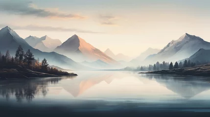  A misty mountain range at dawn, with layers of mountains fading into the distance and a calm lake in the foreground. © Tahir