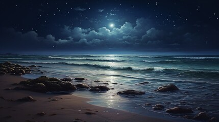 A moonlit beach with gentle waves lapping at the shore, and a clear view of the starry night sky.