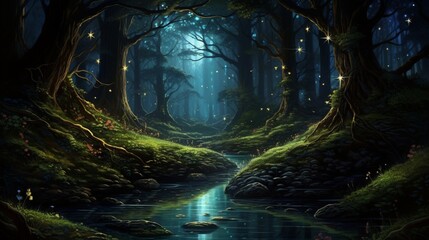 A night scene in a dense forest with fireflies, a small brook, and a moonlit canopy.