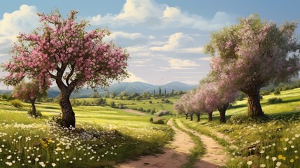 A peaceful orchard in spring, with blossoming fruit trees and a path winding through the rows.