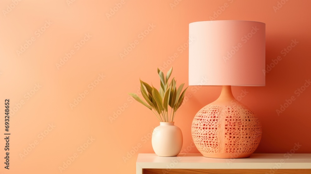 Poster a table with a vase and a lamp on it, peach fuzz, trendy color of the year 2024.