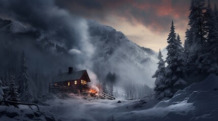 A remote mountain cabin surrounded by snow, with smoke rising from the chimney and a forest backdrop.