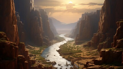 A breathtaking vista of a deep gorge with a river running through it and sheer cliffs on either side.