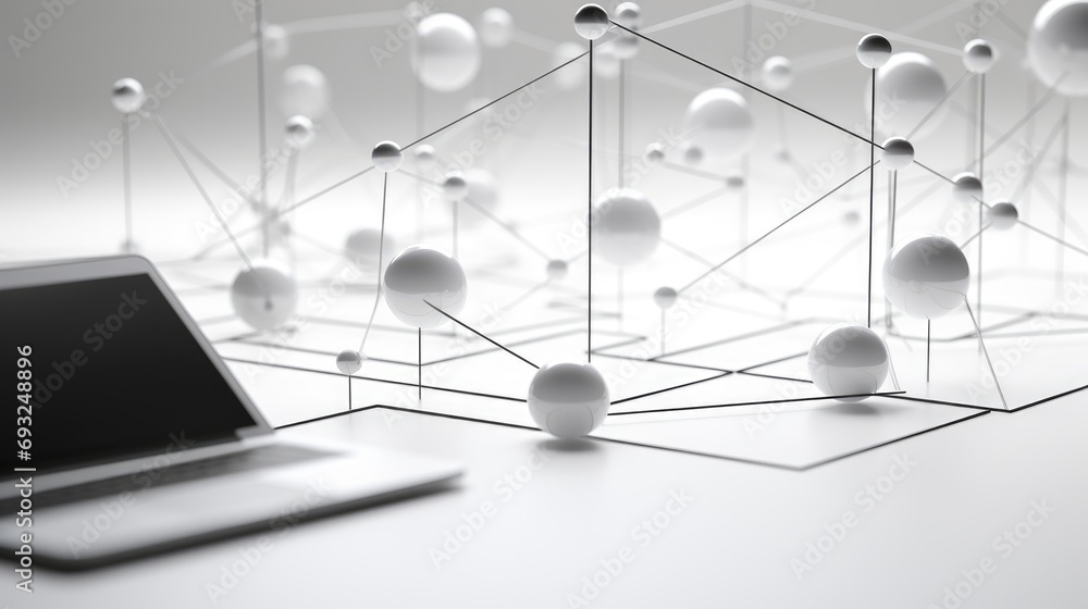 Poster a laptop computer sitting on a table next to a network of white balls.
