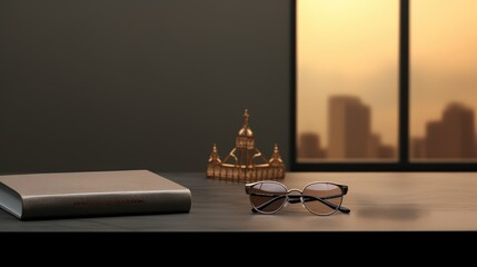 A pair of sunglasses and a book sit on a table in a room with a view of the city. 
