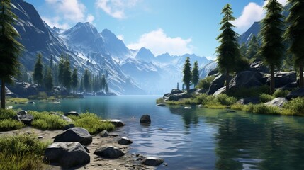 A secluded mountain lake with crystal clear water, surrounded by steep cliffs and evergreen trees.
