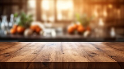 wooden kitchen table in a gorgous kitchen with a strong background bokeh - obrazy, fototapety, plakaty