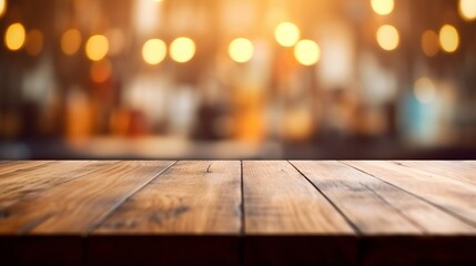 wooden kitchen table in a gorgous kitchen with a strong background bokeh - obrazy, fototapety, plakaty