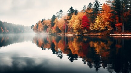 A serene lake surrounded by autumn-colored trees, with reflections in the still water and a misty atmosphere.