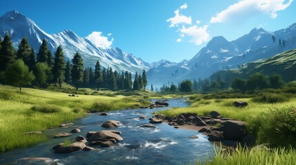Fototapeta na wymiar A calm river flowing through a green valley, surrounded by tall mountains and a clear blue sky.