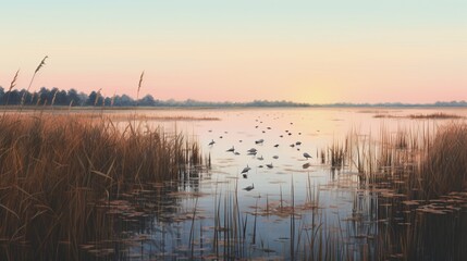 Fototapeta na wymiar A serene wetland at dawn, with reeds, water birds, and a soft, pastel-colored sky.