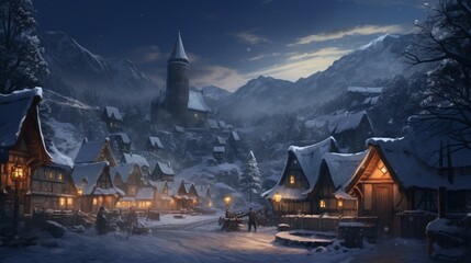 A snowy village scene at dusk, with warm lights glowing from windows and a blanket of fresh snow.