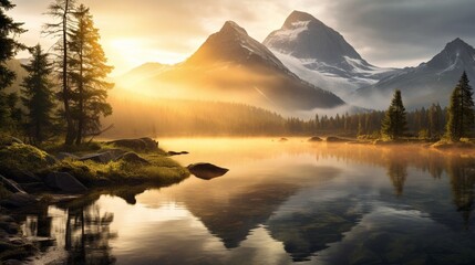 Fototapeta na wymiar A tranquil mountain lake at sunrise, with mist rising from the water and the sun casting a golden glow on the peaks.